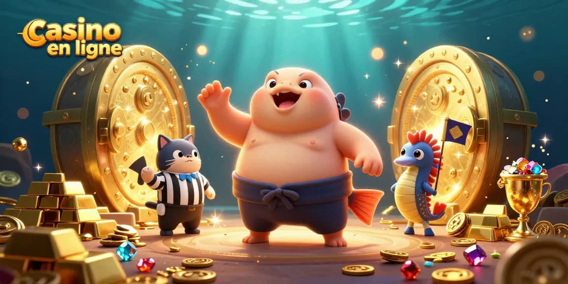 Jouer au casino en ligne avec une illustration dynamique de personnages marins et éléments de jeu brillants.