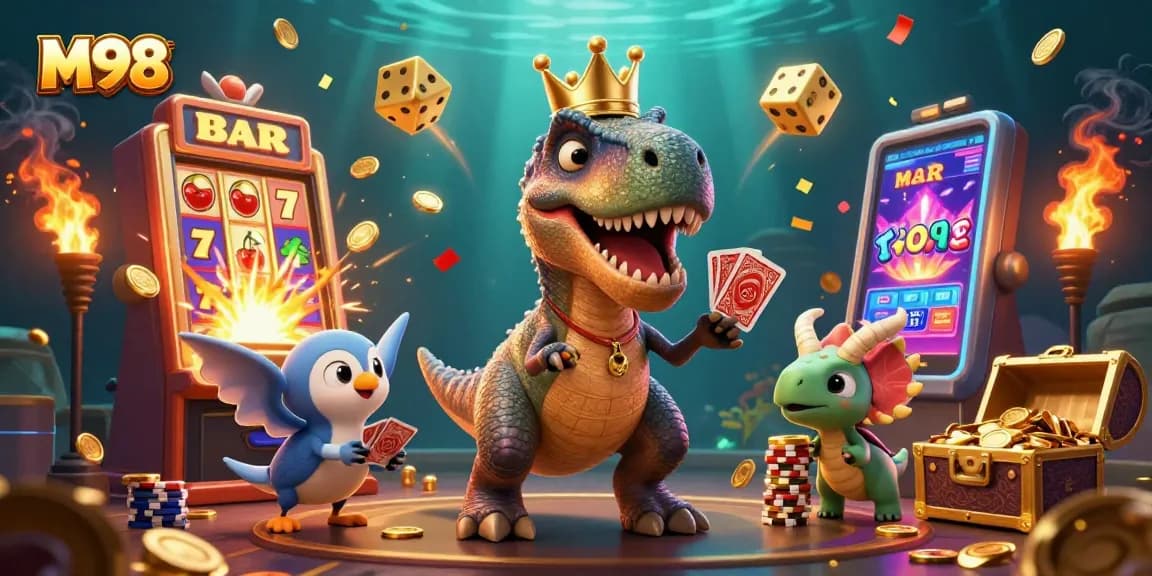 M98 players enjoying a colorful casino scene with a friendly T-Rex shuffling cards, baby triceratops, and bursting slot machine.