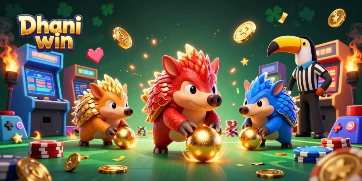 Dhani win game featuring vibrant pangolins competing in a casino environment with colorful arcade elements.