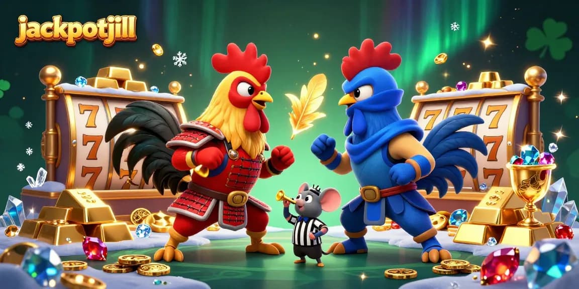 Experience the thrill of jackpotjill with 3D fighting roosters amidst dazzling slot reels and treasures.