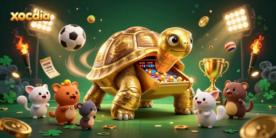 Xocdia showcases a vibrant 3D casino scene with a golden tortoise pinball machine and animated sports themes.