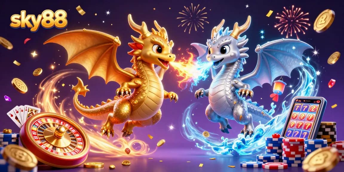 Engage with sky88 through this vibrant 3D scene of dragons featuring casino elements like roulette and slot machines.