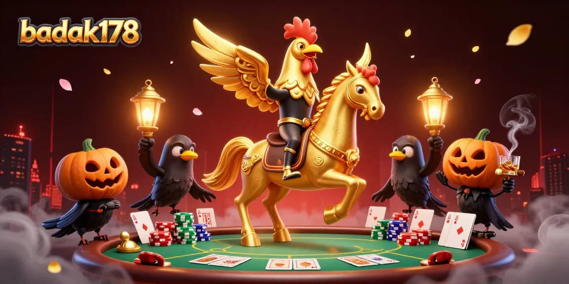 Experience high-stakes gaming with badak178 in a mystical casino, featuring a golden rooster and poker chaos.