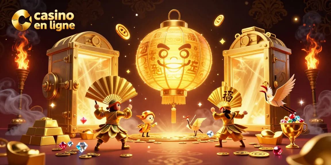 Découvrez le casino en ligne avec cette illustration captivante de lanternes dorées et trésors éblouissants.