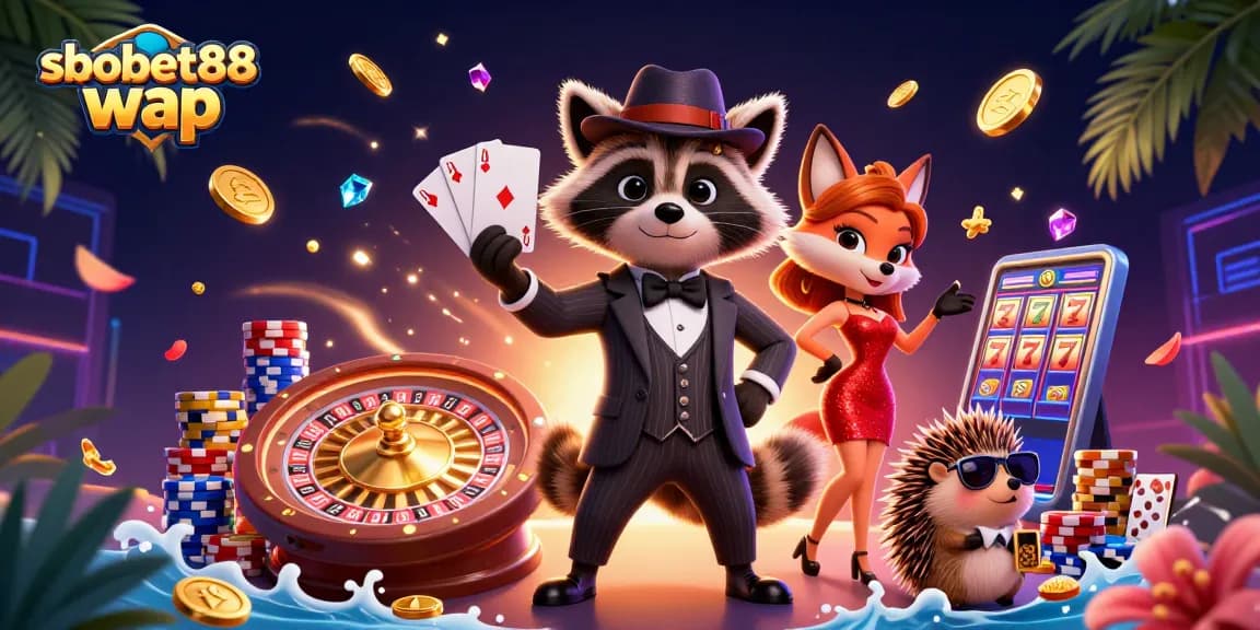 Join the excitement of sbobet88 wap betting with a raccoon holding a royal flush, fox companion, and dynamic gaming elements.