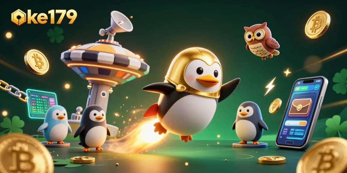 Bet on excitement with OKE179 as the golden penguin propels through cosmic casino adventures!