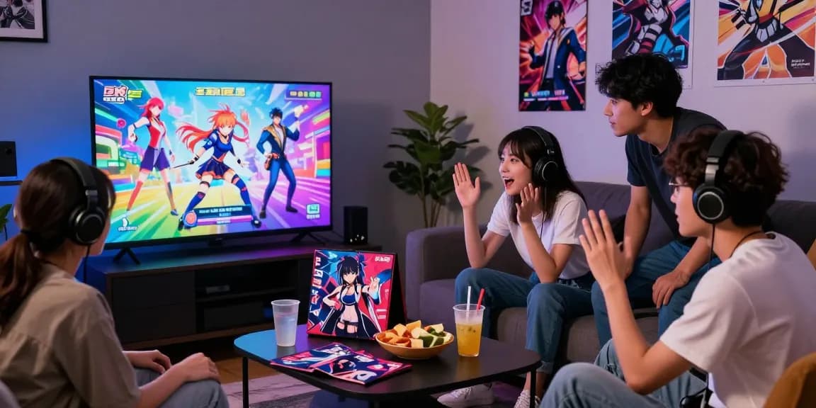 Engaged friends playing an ecchi game together, colorful graphics and lively atmosphere in a cozy gaming setting.