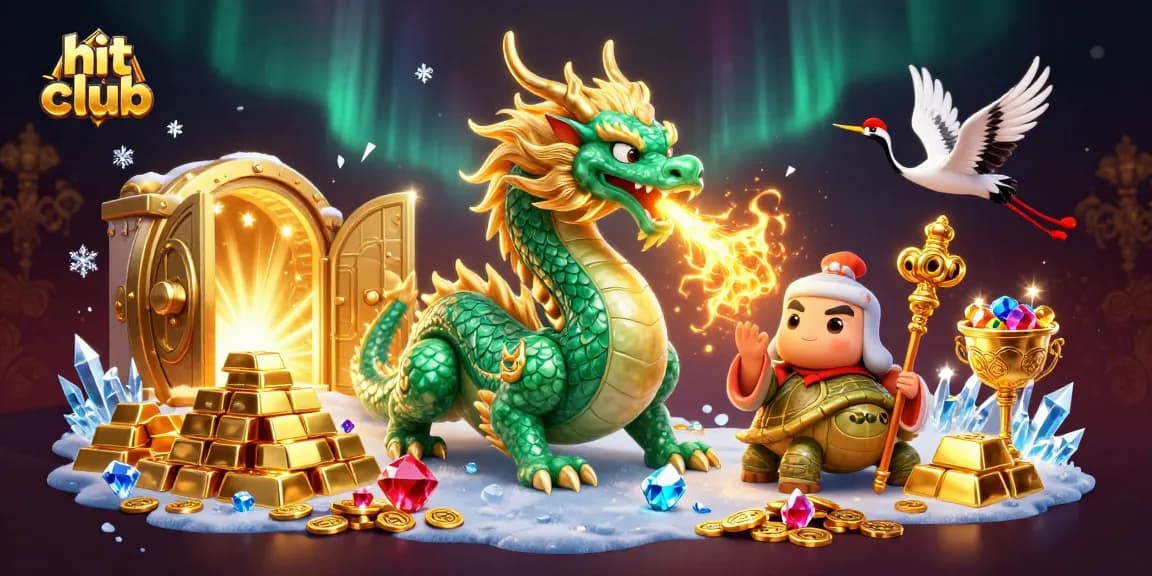 Play at hit club and win with a massive emerald jade dragon and treasure in a vibrant casino setting.