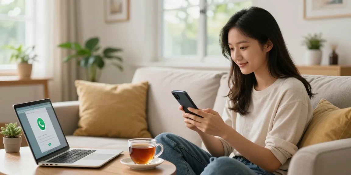 WhatsApp下載 scene of a cozy home user browsing the app on a smartphone.