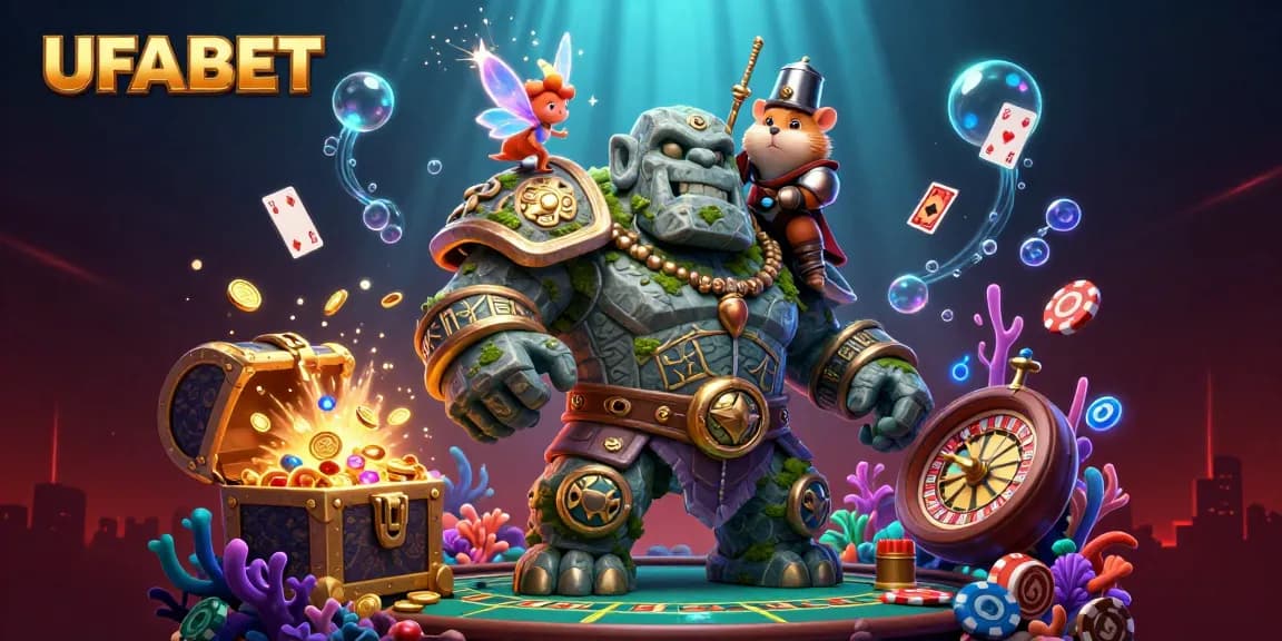 Experience thrilling moments at UFABET, where a guardian golem, fairy magic, and casino excitement come alive.