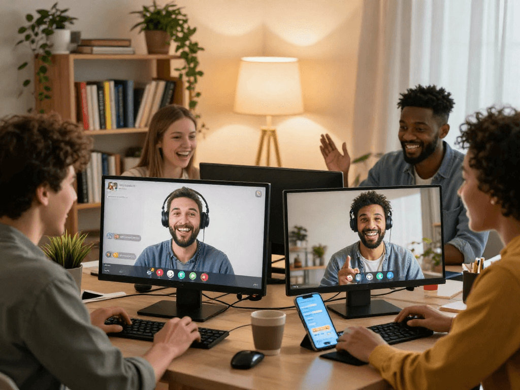 Engaging ai sex chat scene with diverse participants in cozy rooms, vibrant chat interfaces, and joyful expressions.