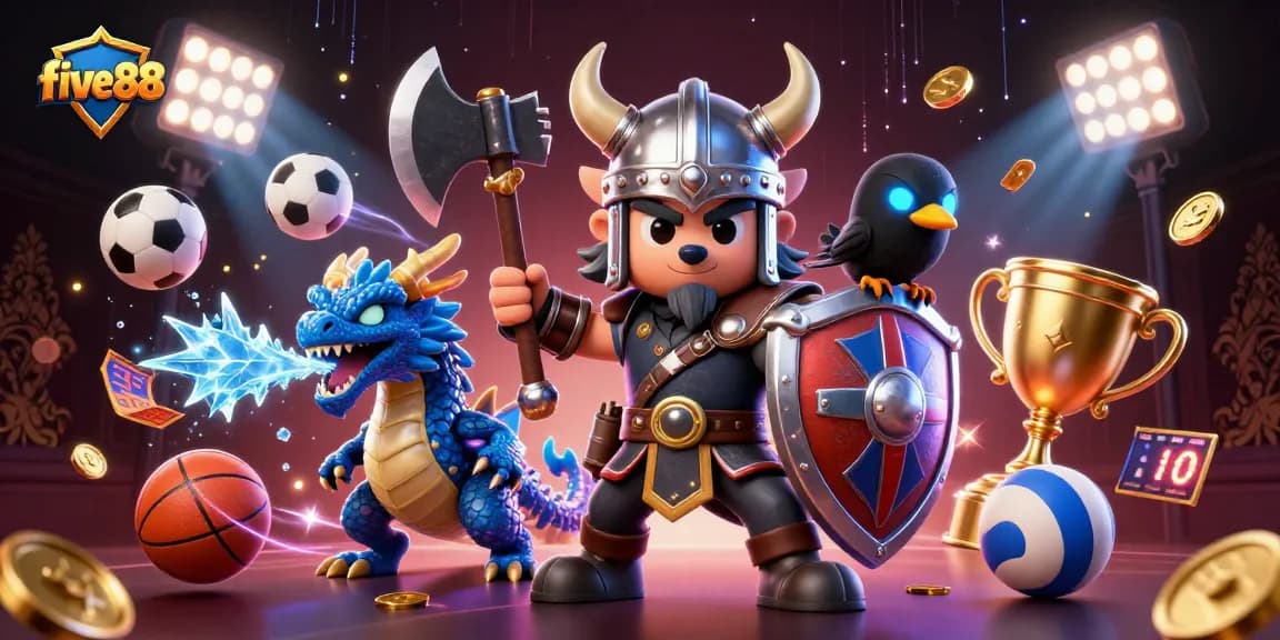 five88 promotion featuring a Viking wolf warrior, dragon, and raven amidst dynamic sports elements.
