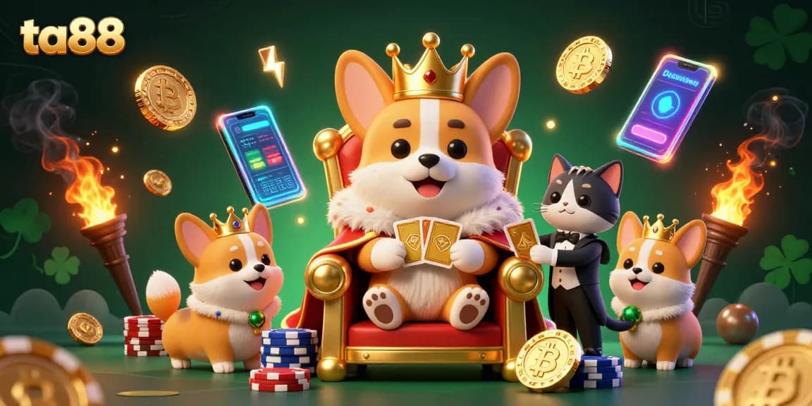 Engage with ta88's royal corgi casino scene featuring crypto coins and poker elements.