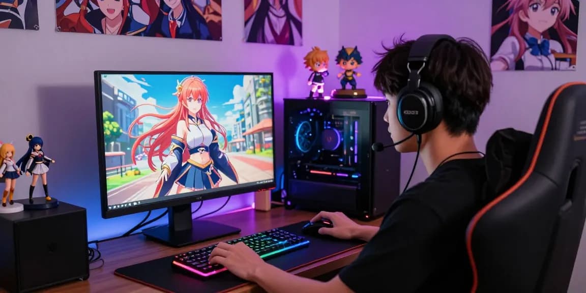 Immersive gamer enjoying a vibrant hentai game on a high-resolution monitor, surrounded by anime figurines and glowing peripherals.
