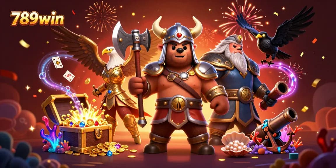 Experience thrilling adventures with 789win: a Viking berserker and Valkyrie in an energetic casino scene.
