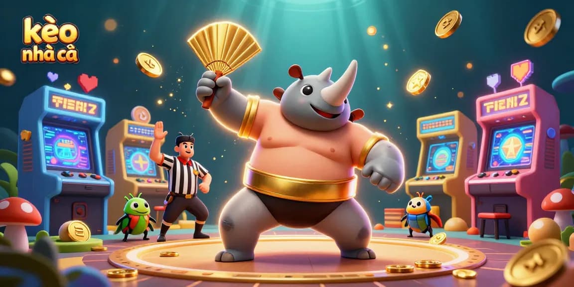 Experience exciting kèo nhà cái action featuring a rhinoceros beetle champion amidst dynamic casino game elements.