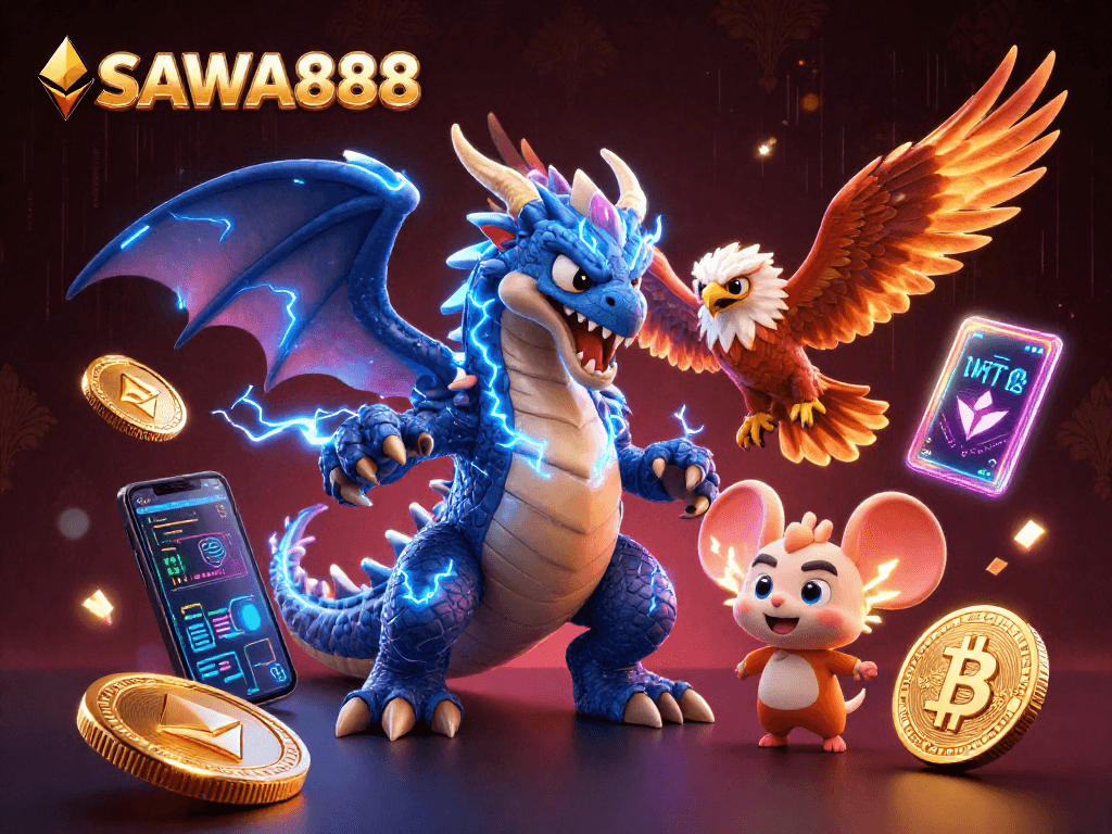 Engage with SAWA888's thrilling gaming experience featuring vibrant characters and dynamic crypto elements for online players.