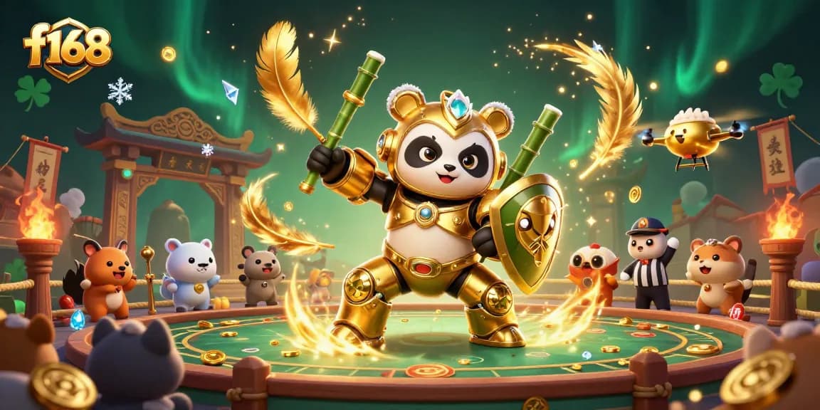 Join the excitement at f168 with a dynamic scene featuring a panda in a mech robot at a vibrant gambling arena.