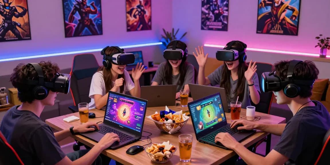 Exciting group enjoying adult games, laptops and tablets with vibrant graphics.