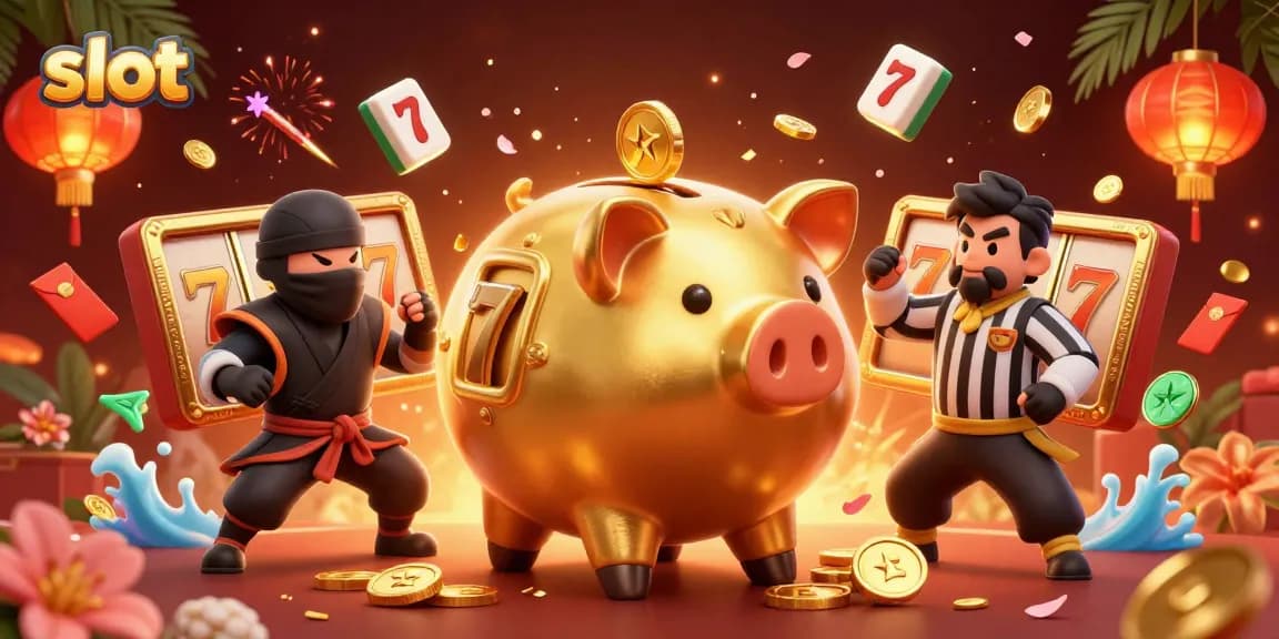 Spin exciting slot reels with a golden piggy bank warrior and dynamic elements!