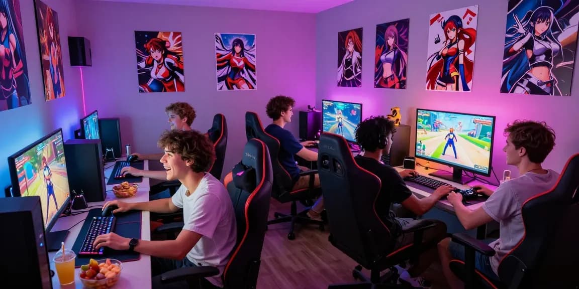 Group of friends playing ecchi games in a vibrant gaming room filled with exciting character posters.