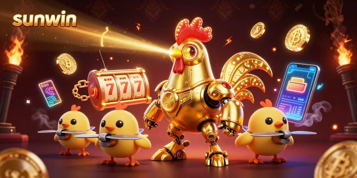 Engage in thrilling slot games at Sunwin with golden rooster robot and baby chick drones, showcasing vibrant crypto elements.