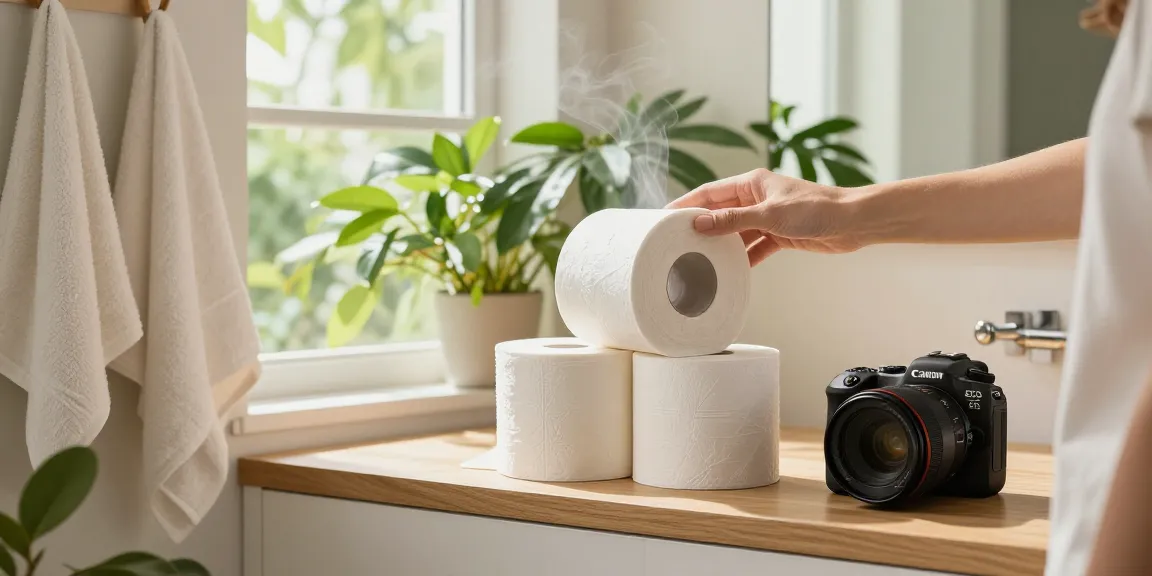Bamboo Toilet Paper rolls arranged in an eco-friendly bathroom with greenery, showing a sustainable lifestyle.