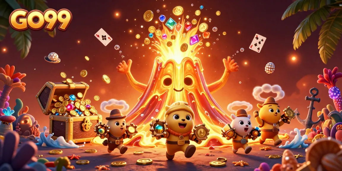 GO99 players celebrate as golden coins erupt from a volcano in this energetic casino scene.