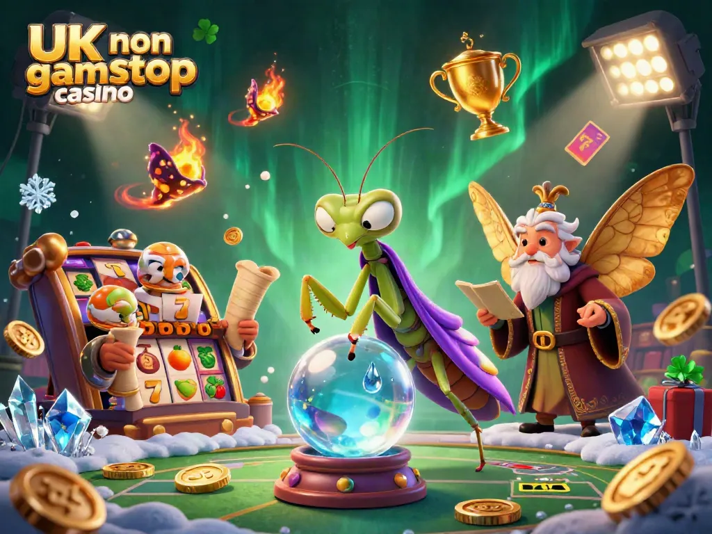 Engaging scene illustrating the dynamic world of UK non gamstop casino with a fortune teller and gaming elements.