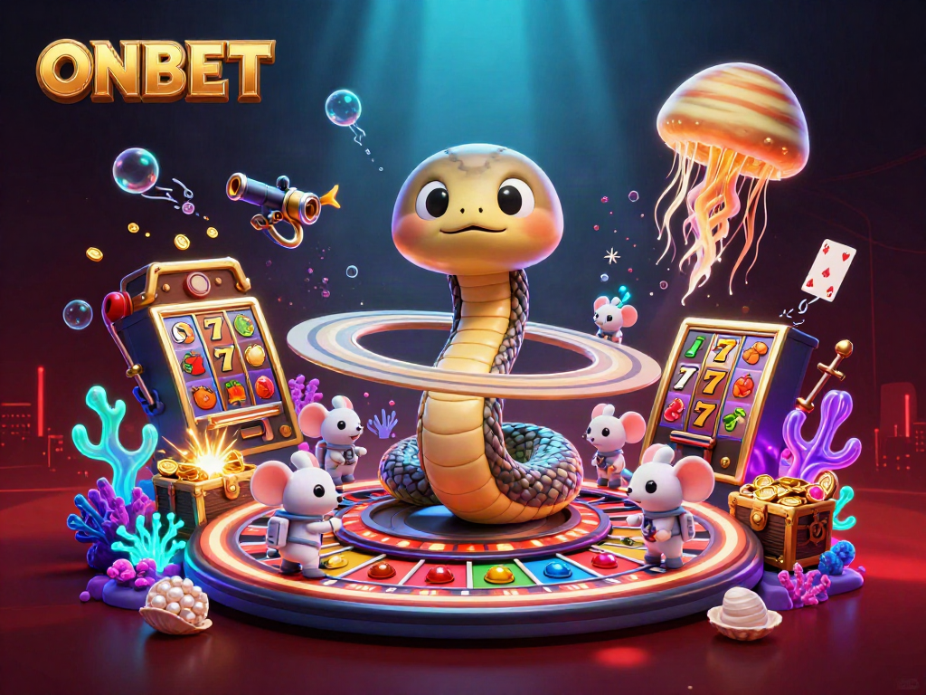 ONBET showcases a thrilling casino scene with astronaut mice betting on Saturn's rings, featuring colorful treasure elements.