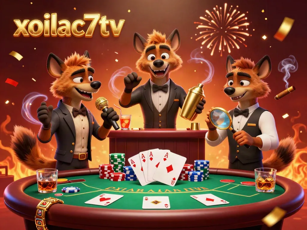 Immerse in the vibrant ambiance of xoilac7tv's casino scene with hyenas enjoying games and live entertainment.