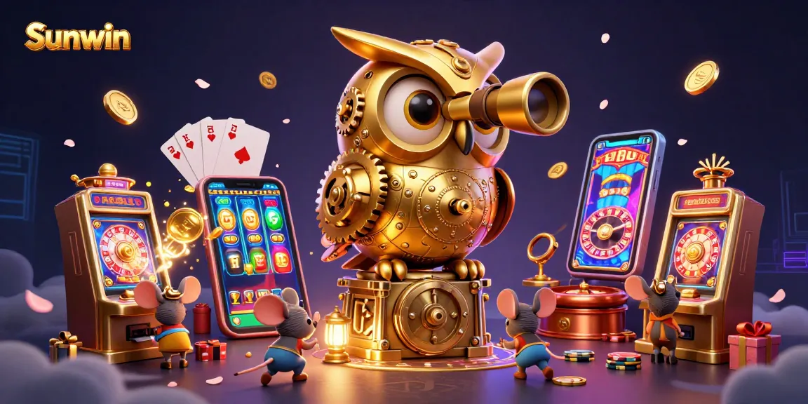 Win big at Sunwin with immersive gaming experiences featuring colorful slot reels and animated characters.