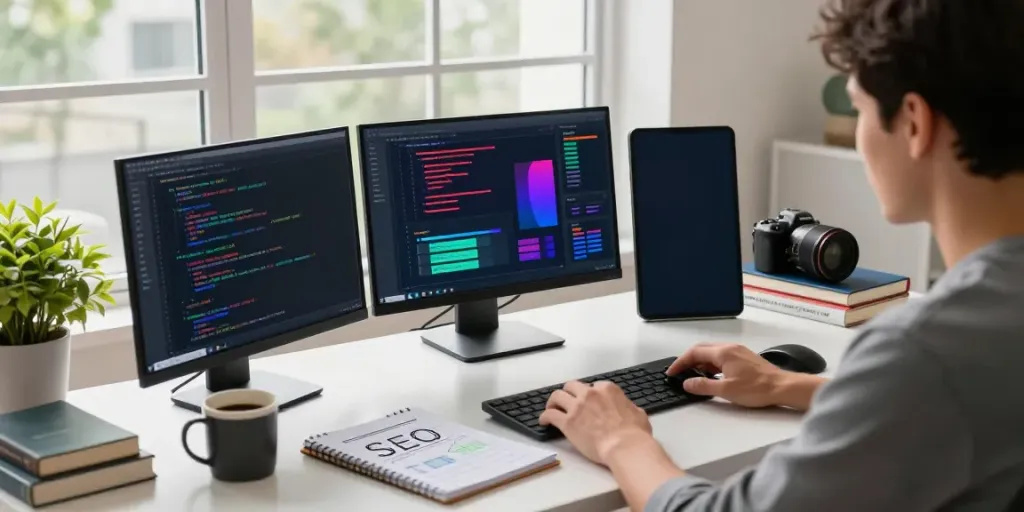 SEO specialist analyzing instant indexing data in a digital workspace