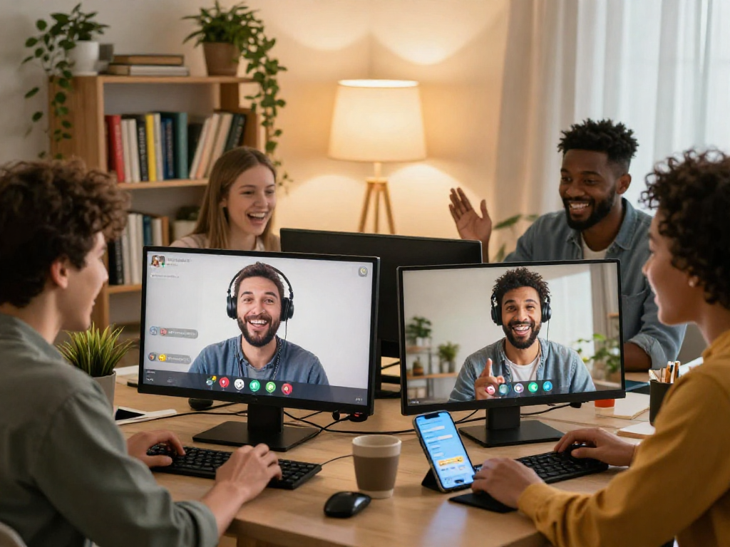 Engaging ai sex chat scene with diverse participants in cozy rooms, vibrant chat interfaces, and joyful expressions.