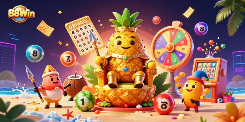Experience the thrill of winning at 88Win with vibrant casino-themed illustrations featuring a pineapple king and magical game elements.