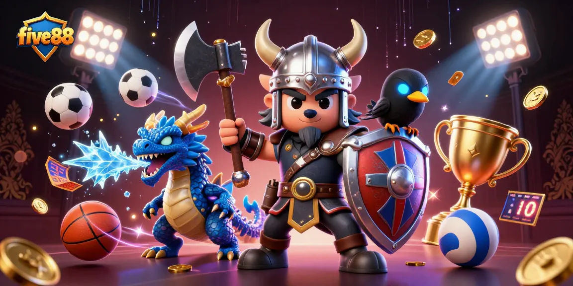 five88 promotion featuring a Viking wolf warrior, dragon, and raven amidst dynamic sports elements.