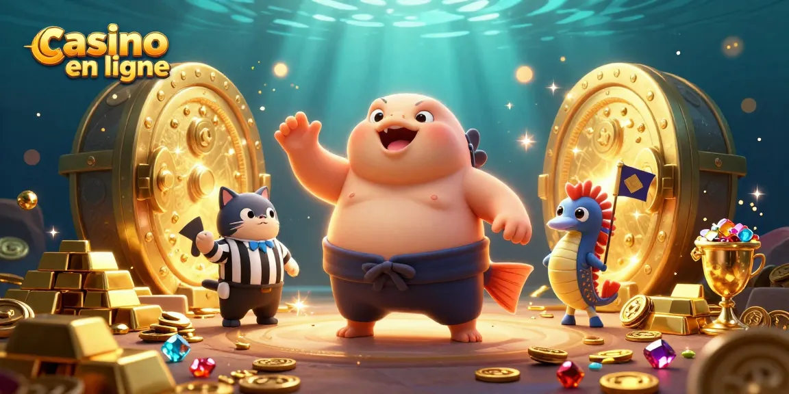 Jouer au casino en ligne avec une illustration dynamique de personnages marins et éléments de jeu brillants.