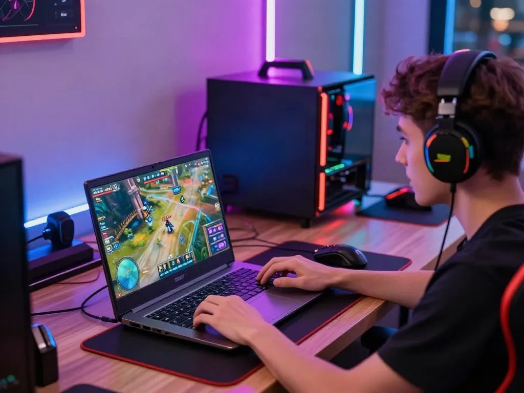 Engaging scene of a user on http://debet-onl.com enjoying online gaming with vibrant graphics and gaming gear.
