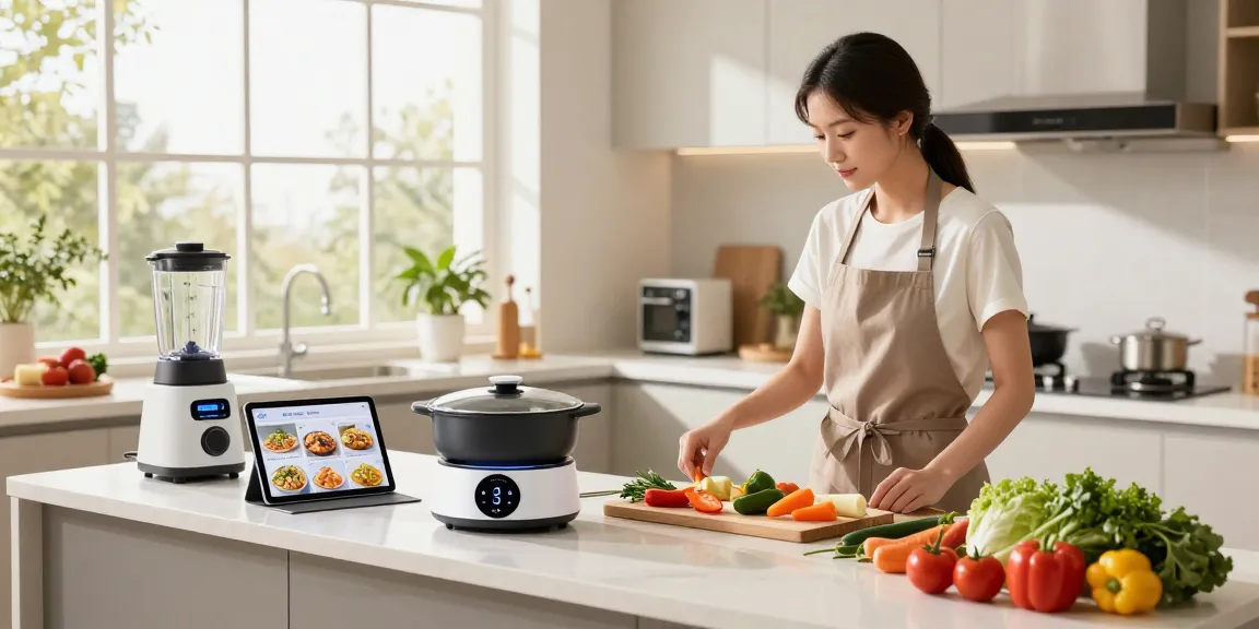 AI cooking gadgets in a modern kitchen with a cook using a Upliance assistant and fresh ingredients.