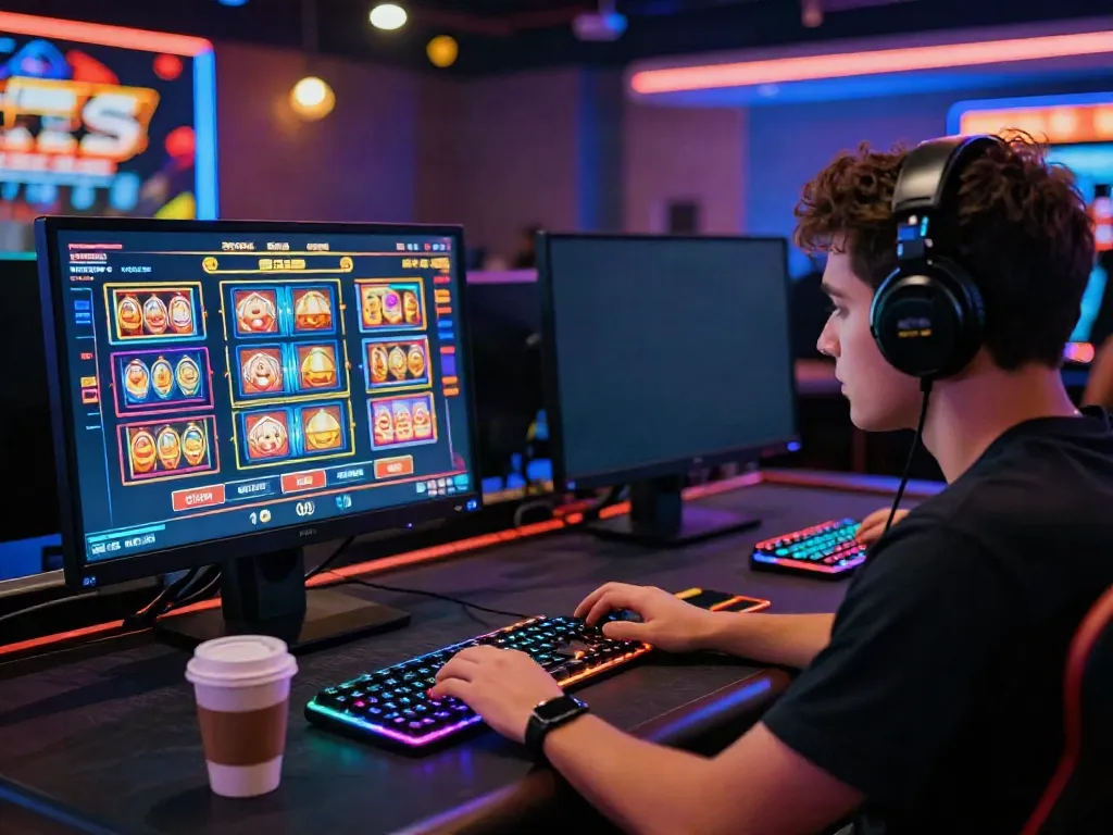 Engaged player at a vibrant online casino that accepts credit cards, with colorful games on display and gaming accessories present.