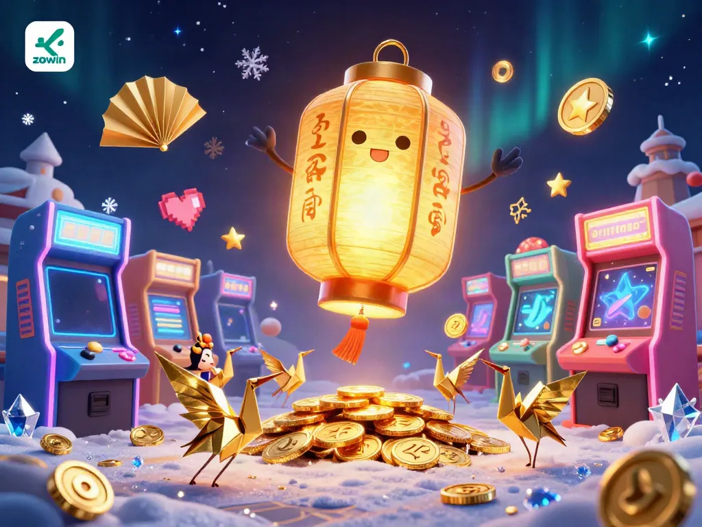 Engage with the vibrant world of zowin in this dynamic 3D casino scene featuring enchanted lantern spirits and gaming elements.