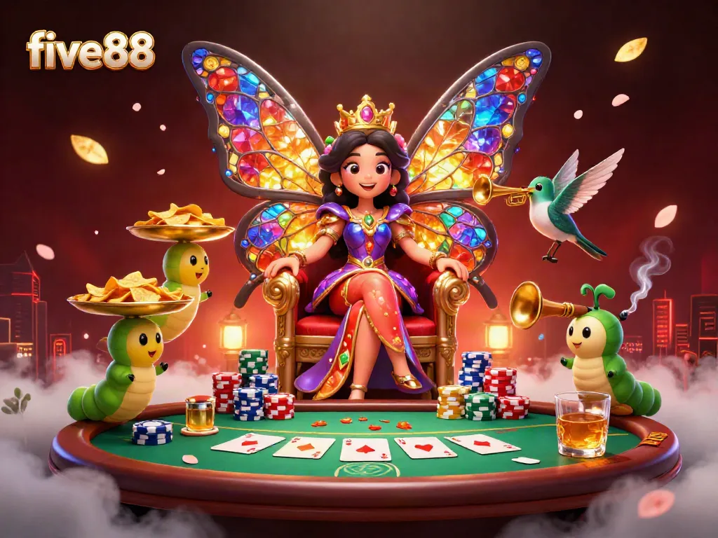 Experience the allure of five88 casino with a vibrant 3D scene of poker and enchanting elements.