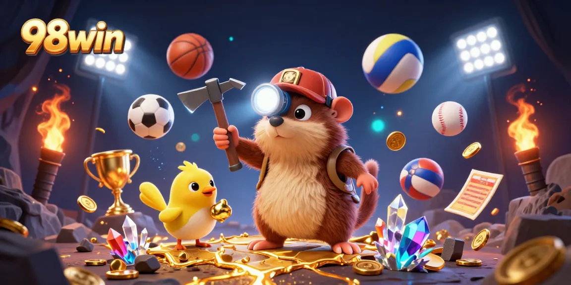 Engage with 98win as the treasure hunter mole finds golden rewards amidst vibrant gaming elements.