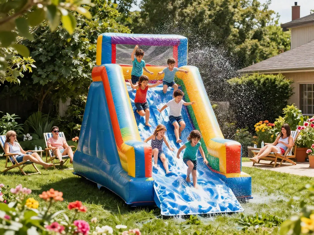 Children enjoying an inflatable water slide in a vibrant backyard garden during summer.