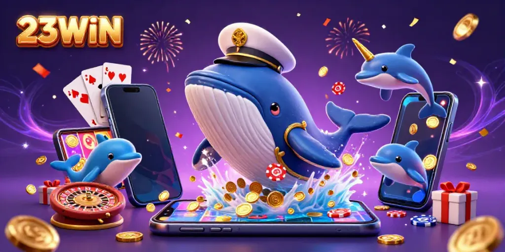 Experience the excitement of 23WIN with a vibrant 3D scene featuring a whale and magical casino elements.