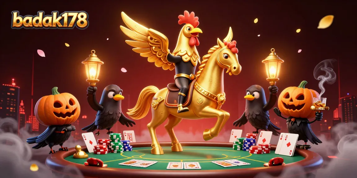 Experience high-stakes gaming with badak178 in a mystical casino, featuring a golden rooster and poker chaos.