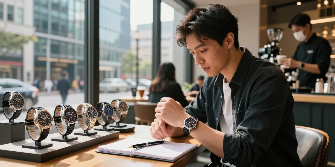 Showcase of luxury super clone watches with an enthusiast in an urban cafe setting.