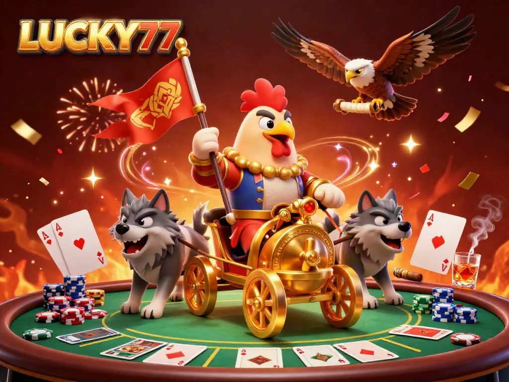 Experience the thrill of LUCKY77 with a vivid illustration of a rooster warlord and poker elements.