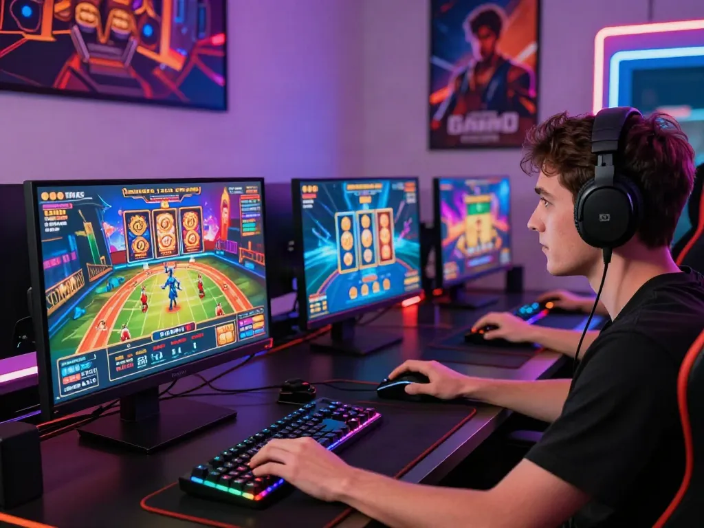 Dynamic gaming setup showcasing gem88 online casino experience with vibrant graphics and player engagement.