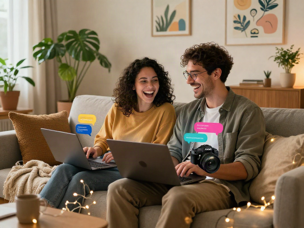 Engaging couple enjoying ai sex chat on laptops in cozy living room, capturing laughter and connection.